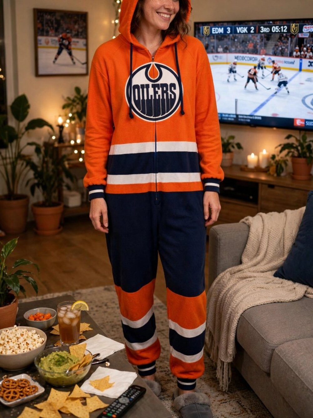 Edmonton Oilers Onesie Womens M Orange Navy NHL Hockey Sockey Hooded One Piece
